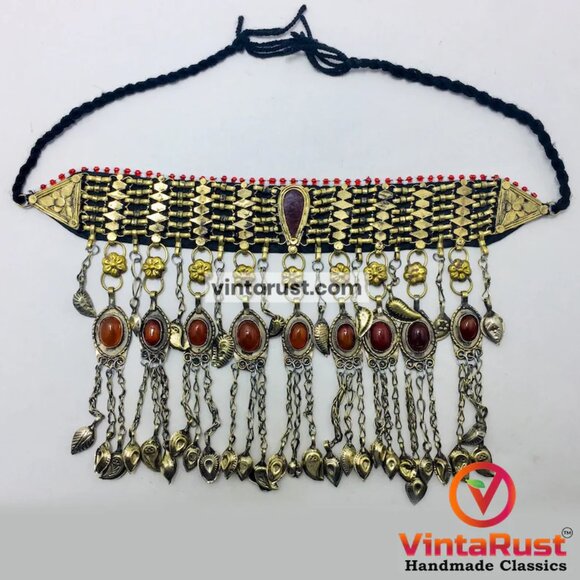 Tribal Choker Necklace, Afghan Handmade Choker Necklace with Glass Stones - Picture 4 of 6